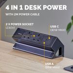 Fellowes Power Desk 2 Type G UK/IE 2 Sockets 1 USB-A + 1 USB-C Port Black 100136987