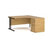 Maestro 25 right hand ergonomic desk 1400mm with black cantilever frame and desk high pedestal - oak