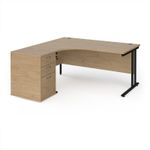 Maestro 25 left hand ergonomic desk 1600mm with black cantilever frame and desk high pedestal - Kendal Oak