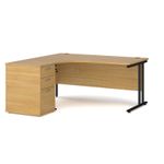 Maestro 25 left hand ergonomic desk 1600mm with black cantilever frame and desk high pedestal - oak