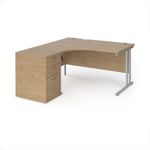 Maestro 25 left hand ergonomic desk 1400mm with silver cantilever frame and desk high pedestal - Kendal Oak