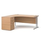 Maestro 25 left hand ergonomic desk 1600mm with silver cantilever frame and desk high pedestal - beech