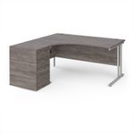 Maestro 25 left hand ergonomic desk 1600mm with silver cantilever frame and desk high pedestal - grey oak