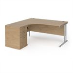 Maestro 25 left hand ergonomic desk 1600mm with silver cantilever frame and desk high pedestal - Kendal Oak