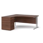 Maestro 25 left hand ergonomic desk 1600mm with silver cantilever frame and desk high pedestal - walnut