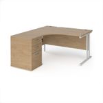 Maestro 25 left hand ergonomic desk 1400mm with white cantilever frame and desk high pedestal - Kendal Oak
