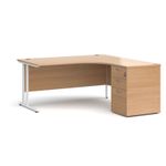 Maestro 25 right hand ergonomic desk 1600mm with white cantilever frame and desk high pedestal - beech