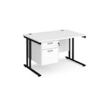 Maestro 25 straight desk 1200mm x 800mm with 2 drawer pedestal - black cantilever leg frame, white top