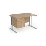 Maestro 25 straight desk 1200mm x 800mm with 2 drawer pedestal - silver cantilever leg frame, Kendal oak top