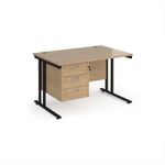 Maestro 25 straight desk 1200mm x 800mm with 3 drawer pedestal - black cantilever leg frame, Kendal oak top