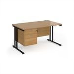 Maestro 25 straight desk 1400mm x 800mm with 2 drawer pedestal - black cantilever leg frame, oak top