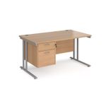 Maestro 25 straight desk 1400mm x 800mm with 2 drawer pedestal - silver cantilever leg frame, beech top