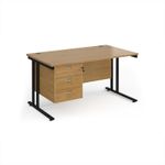 Maestro 25 straight desk 1400mm x 800mm with 3 drawer pedestal - black cantilever leg frame, oak top