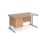 Maestro 25 straight desk 1400mm x 800mm with 3 drawer pedestal - silver cantilever leg frame, beech top