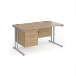 Maestro 25 straight desk 1400mm x 800mm with 3 drawer pedestal - silver cantilever leg frame, Kendal oak top