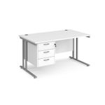 Maestro 25 straight desk 1400mm x 800mm with 3 drawer pedestal - silver cantilever leg frame, white top
