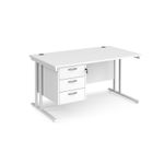 Maestro 25 straight desk 1400mm x 800mm with 3 drawer pedestal - white cantilever leg frame, white top