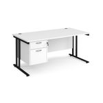 Maestro 25 straight desk 1600mm x 800mm with 2 drawer pedestal - black cantilever leg frame, white top