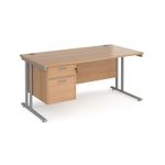 Maestro 25 straight desk 1600mm x 800mm with 2 drawer pedestal - silver cantilever leg frame, beech top