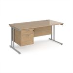 Maestro 25 straight desk 1600mm x 800mm with 2 drawer pedestal - silver cantilever leg frame, Kendal oak top