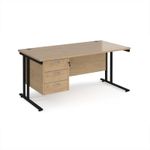 Maestro 25 straight desk 1600mm x 800mm with 3 drawer pedestal - black cantilever leg frame, Kendal oak top
