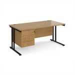 Maestro 25 straight desk 1600mm x 800mm with 3 drawer pedestal - black cantilever leg frame, oak top