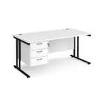 Maestro 25 straight desk 1600mm x 800mm with 3 drawer pedestal - black cantilever leg frame, white top