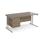 Maestro 25 straight desk 1600mm x 800mm with 3 drawer pedestal - silver cantilever leg frame, Nebraska oak top