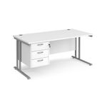 Maestro 25 straight desk 1600mm x 800mm with 3 drawer pedestal - silver cantilever leg frame, white top