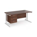 Maestro 25 straight desk 1600mm x 800mm with 3 drawer pedestal - white cantilever leg frame, walnut top