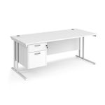 Maestro 25 straight desk 1800mm x 800mm with 2 drawer pedestal - white cantilever leg frame, white top