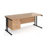 Maestro 25 straight desk 1800mm x 800mm with 3 drawer pedestal - black cantilever leg frame, beech top