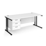 Maestro 25 straight desk 1800mm x 800mm with 3 drawer pedestal - black cantilever leg frame, white top