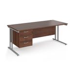 Maestro 25 straight desk 1800mm x 800mm with 3 drawer pedestal - silver cantilever leg frame, walnut top