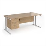 Maestro 25 straight desk 1800mm x 800mm with 3 drawer pedestal - white cantilever leg frame, Kendal oak top