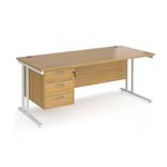 Maestro 25 straight desk 1800mm x 800mm with 3 drawer pedestal - white cantilever leg frame, oak top