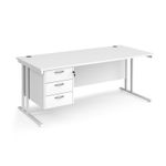 Maestro 25 straight desk 1800mm x 800mm with 3 drawer pedestal - white cantilever leg frame, white top