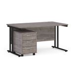 Maestro 25 straight desk 1400mm x 800mm with black cantilever frame and 3 drawer pedestal - grey oak