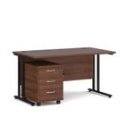 Maestro 25 straight desk 1400mm x 800mm with black cantilever frame and 3 drawer pedestal - walnut