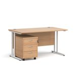 Maestro 25 straight desk 1400mm x 800mm with white cantilever frame and 3 drawer pedestal - beech