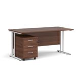 Maestro 25 straight desk 1600mm x 800mm with white cantilever frame and 3 drawer pedestal - walnut