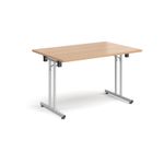 Rectangular folding leg table with silver legs and straight foot rails 1200mm x 800mm - beech