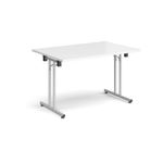 Rectangular folding leg table with silver legs and straight foot rails 1200mm x 800mm - white