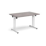 Rectangular folding leg table with white legs and straight foot rails 1200mm x 800mm - grey oak