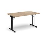 Rectangular folding leg table with black legs and straight foot rails 1400mm x 800mm - Kendal Oak