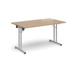 Rectangular folding leg table with silver legs and straight foot rails 1400mm x 800mm - Kendal Oak