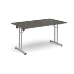 Rectangular folding leg table with silver legs and straight foot rails 1400mm x 800mm - Onyx Grey