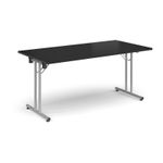 Rectangular folding leg table with silver legs and straight foot rails 1600mm x 800mm - Black