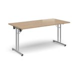 Rectangular folding leg table with silver legs and straight foot rails 1600mm x 800mm - Kendal Oak