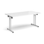 Rectangular folding leg table with silver legs and straight foot rails 1600mm x 800mm - white